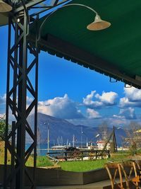 Low angle view of gazebo in park against sky