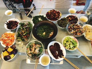 High angle view of food served on table