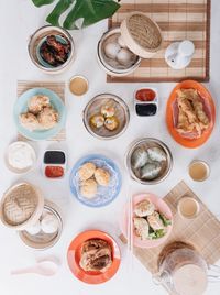 High angle view of breakfast served on table