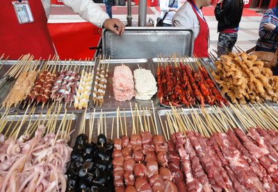 High angle view of meat for sale at market