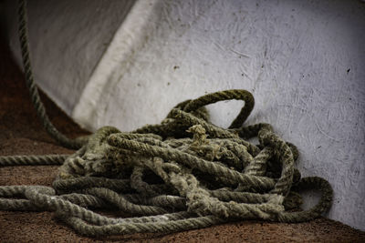 High angle view of old rope on table
