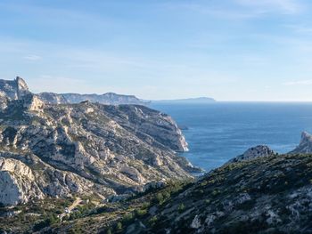 Scenic view of sea and mountains against sky