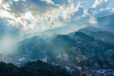 Aerial view the hill town in sapa city with sunnu light in sapa, lao cai, vietnam.