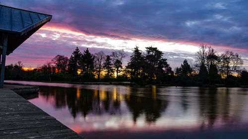 Scenic view of lake against sky at sunset