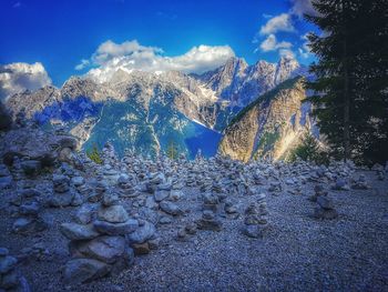 Scenic view of mountains against sky during winter