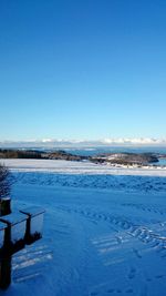 Scenic view of snow covered landscape against clear sky