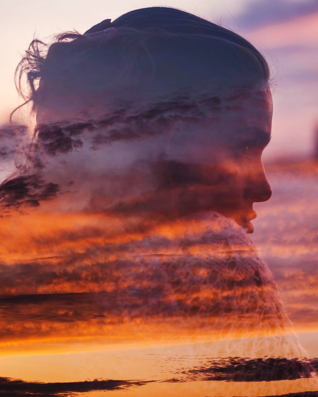 sunset, one person, headshot, portrait, sky, nature, orange color, adult, real people, men, side view, leisure activity, lifestyles, cloud - sky, outdoors, sea, land, young adult, digital composite, contemplation, profile view