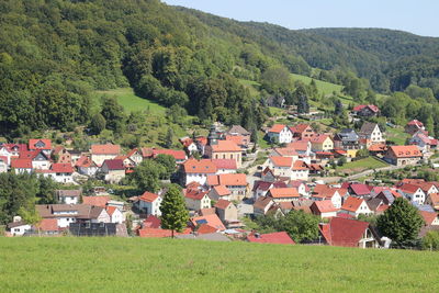 Scenic view of townscape by trees and houses on field