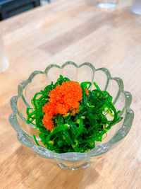 High angle view of vegetables in bowl on table