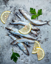 High angle view of fish with lemon slices and herbs on table