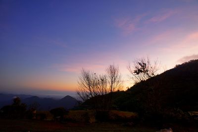 Silhouette trees on landscape against romantic sky at sunset