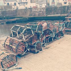 High angle view of fishing net on beach