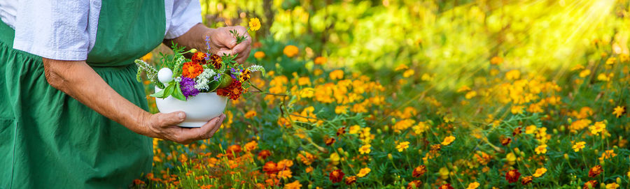 Midsection of woman holding flowers