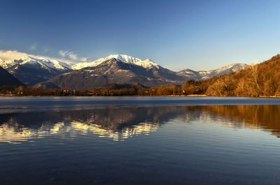 Scenic view of lake by snowcapped mountains against sky