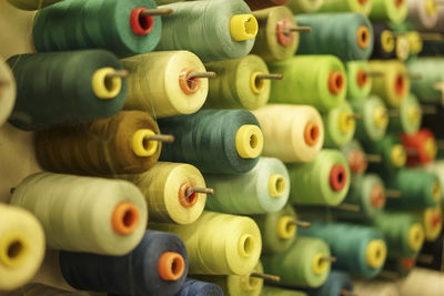 Full frame shot of thread spools in textile industry
