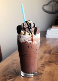 Close-up of ice cream in glass on table