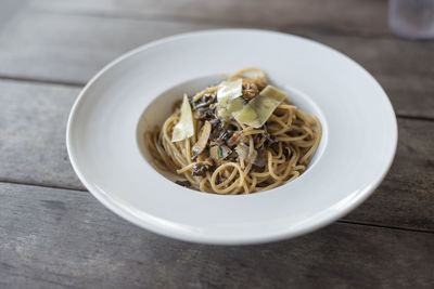 High angle view of food in bowl on table