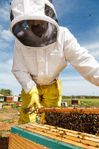 Male beekeeper in white protective work wear holding honeycomb with bees while collecting honey in apiary