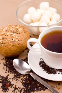 High angle view of breakfast on table