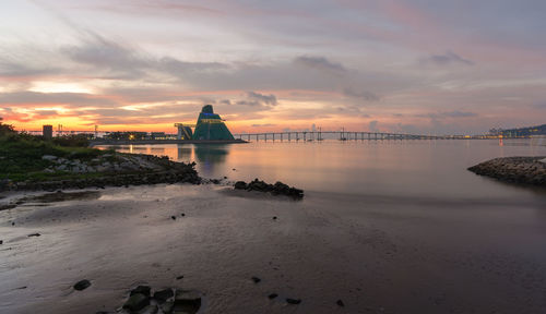 Scenic view of beach against sky during sunset