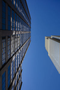 Low angle view of modern building against clear blue sky