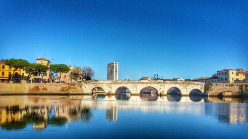 Reflection of building in water against clear blue sky