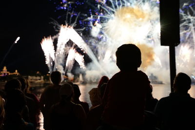 Silhouette people looking at firework display during night