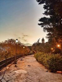 Street amidst trees against sky during sunset