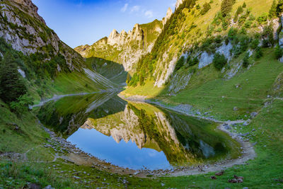 Scenic view of land and mountains against sky