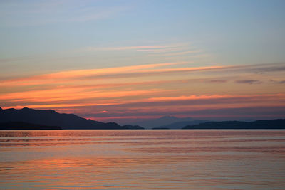 Scenic view of sea against romantic sky at sunset