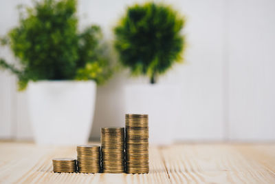 Close-up of coins on table