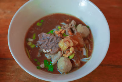 High angle view of soup in bowl on table