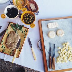 High angle view of breakfast on table