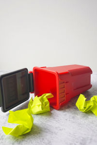 Close-up of toy car against white background