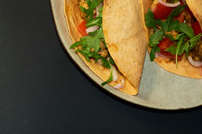 High angle view of food in plate on table