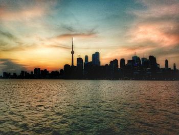 City at waterfront during sunset