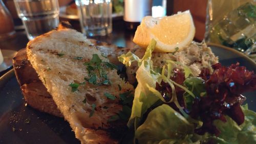 Close-up of meal served on table