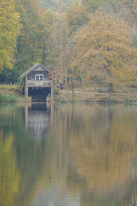 Scenic view of lake against house