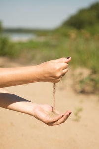 Midsection of person holding stick on land