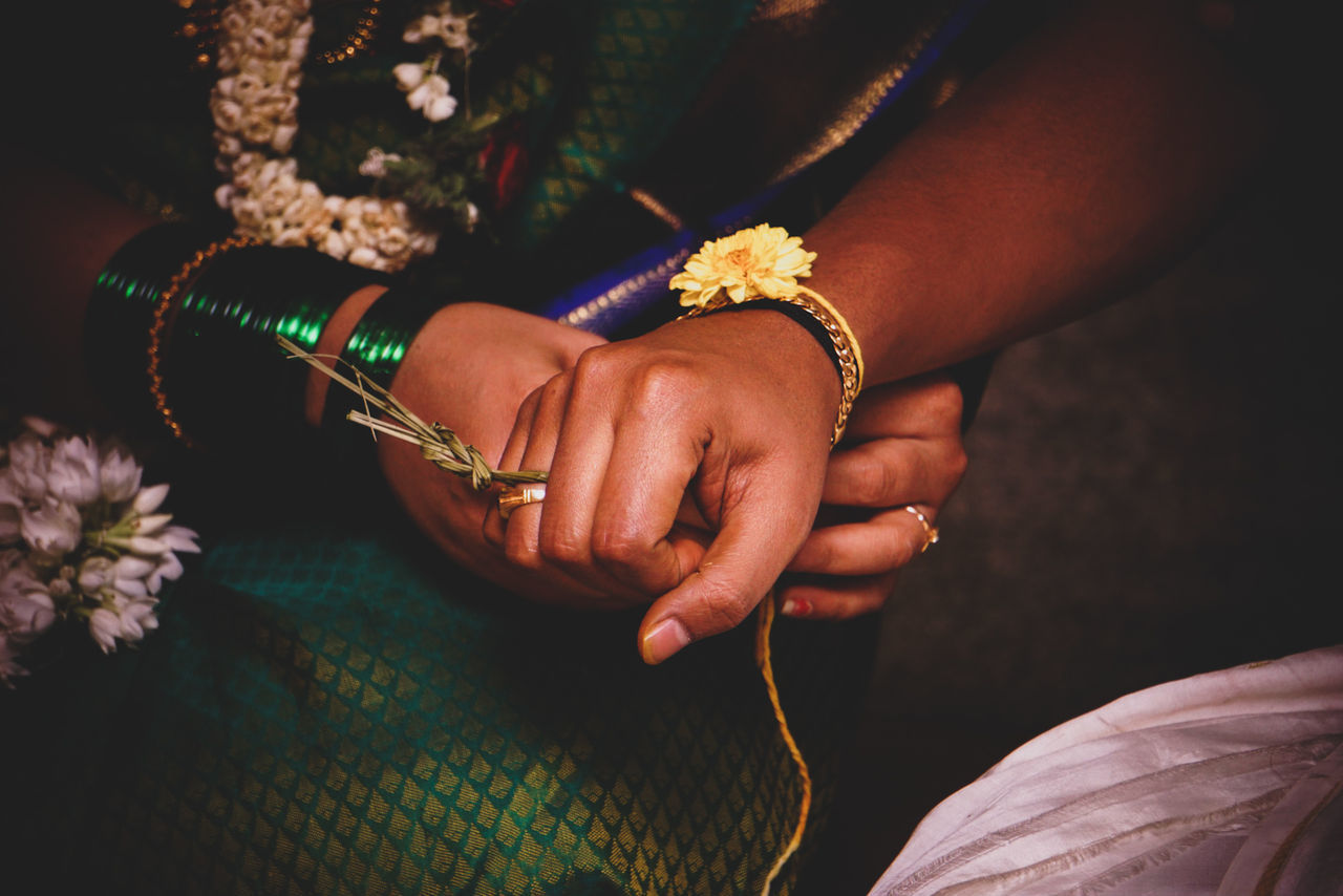 human hand, hand, human body part, bracelet, holding, jewelry, midsection, real people, adult, women, close-up, indoors, people, ring, focus on foreground, two people, celebration, thread, bangle, finger