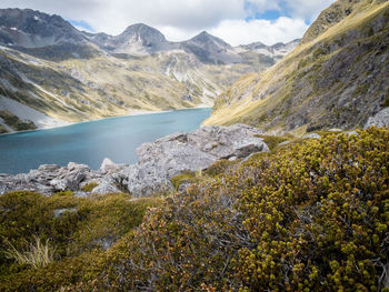 Alpine lake surrounded by mountains, shot at nelson lakes national park, new zealand