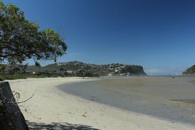 Scenic view of beach against clear blue sky