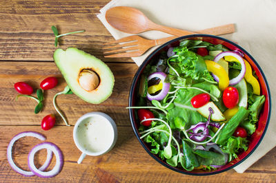 High angle view of salad in bowl on table