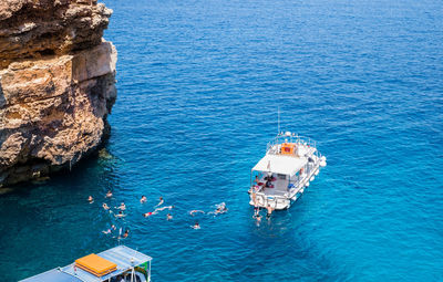 High angle view of sailboat in sea