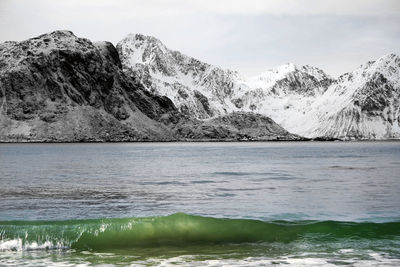 Scenic view of lake and snowcapped mountains against sky