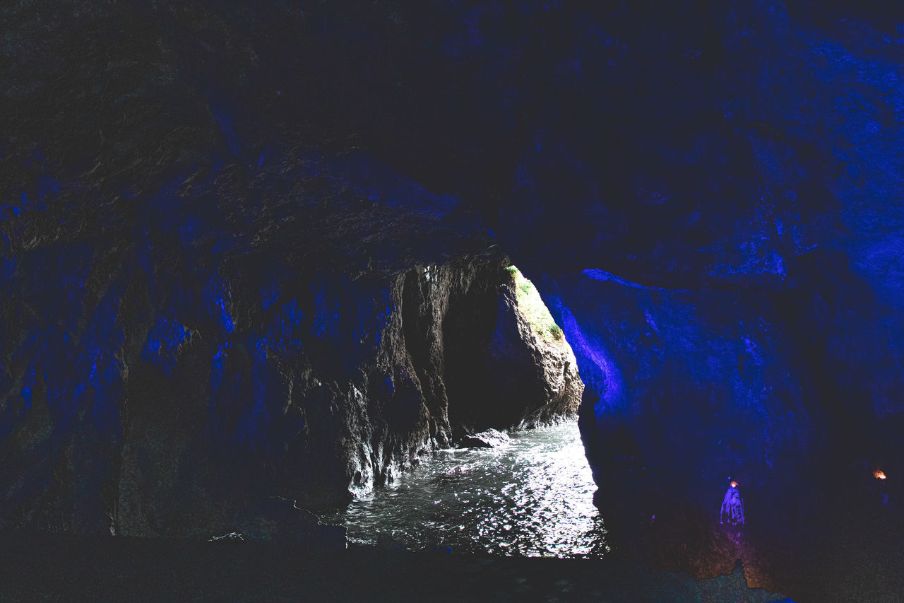 cave, water, nature, sea, night, darkness, beauty in nature, blue, outdoors, scenics - nature, rock, land, sea cave, formation