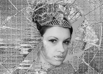 Close-up portrait of beautiful woman looking through broken glass