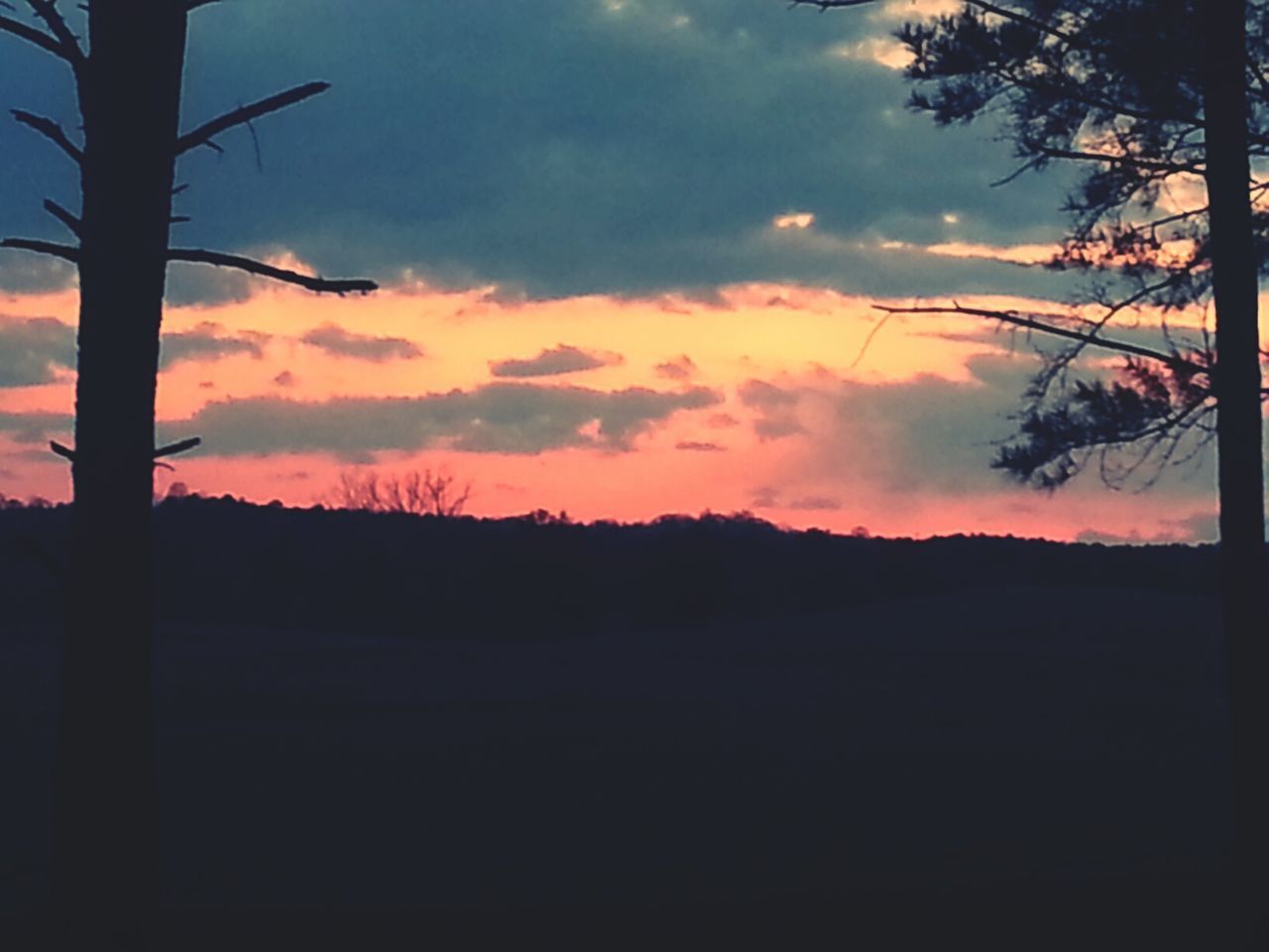 sunset, silhouette, tranquil scene, tranquility, sky, scenics, beauty in nature, tree, orange color, nature, landscape, cloud - sky, idyllic, dark, dramatic sky, cloud, dusk, non-urban scene, moody sky, outline