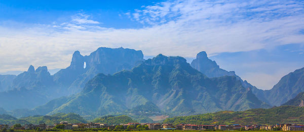 Scenic view of mountains against cloudy sky