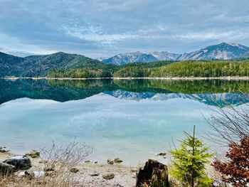 Scenic view of lake and mountains against sky